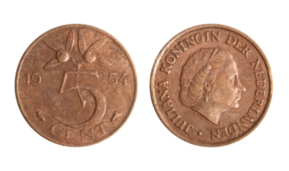 Isolated png photo of 5 Netherlands 1954 cent bronze coin of Queen Juliana 1949-1980 on transparent background.