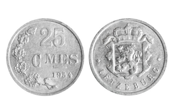Isolated png photo of 25 Luxembourg 1954 centimes aluminium coin of Grand Duke Jean 1964-1999 on transparent background.
