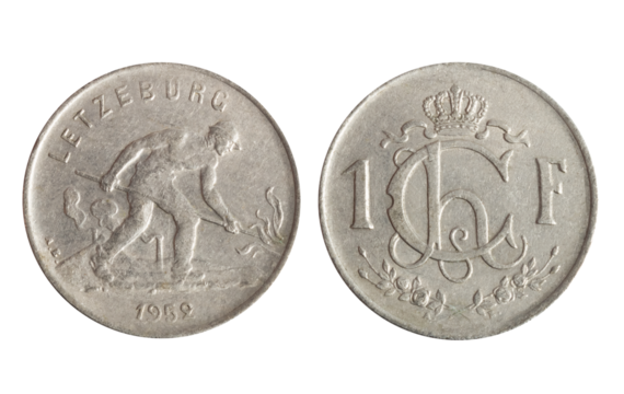 Isolated png photo of 1 Luxembourg 1952 franc copper-nickel coin of Grand Dutchess Charlotte 1918-1964 on transparent background.