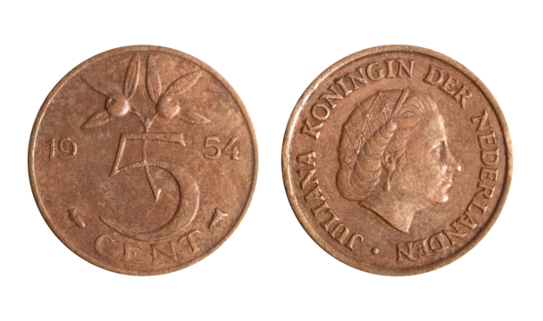 Isolated png photo of 5 Netherlands 1954 cent bronze coin of Queen Juliana 1949-1980 on transparent background.
