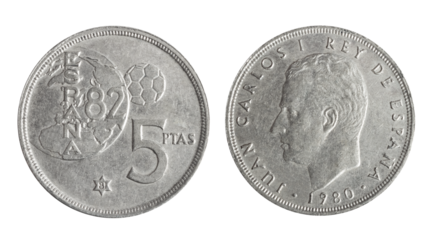 Isolated png photo of 5 Spanish 1980 pesetas copper-nickel coin of King Juan Carlos 1 on transparent background.