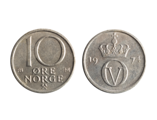 Isolated png photo of 10 Norway ore 1974 copper-nickel coin of King Olav 5 on transparent background.