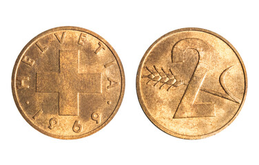 Isolated png photo of 1969 Switzerland 2 rappen bronze coin of Confoederatio Helvetica 1968-2024 on...