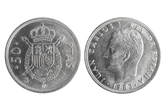 Isolated png photo of 50 Spanish 1983 pesetas copper-nickel coin of King Juan Carlos 1 on transparent background.