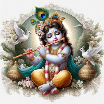 krishna playing flute, white doves, floral setting clip art preview