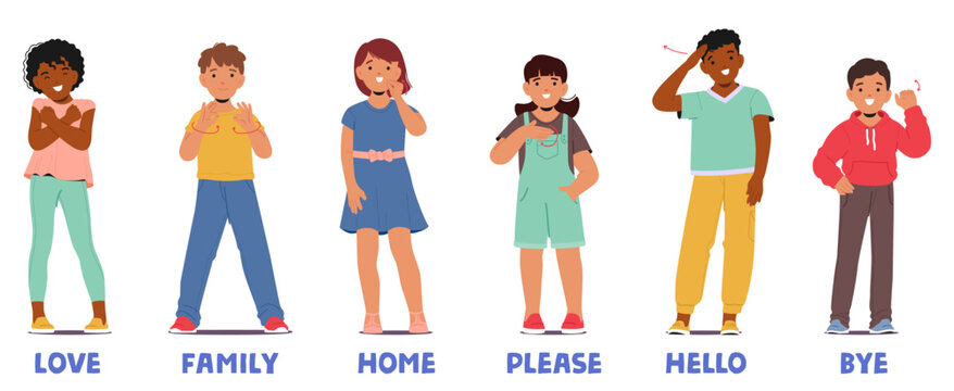 Group Of Diverse Children Showcasing Common Sign Language Phrases Such As Love, Family, Home, Please, Hello, And Bye