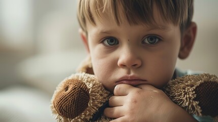 Heartbreaking Scene of a Sad Child Holding a Broken Toy, with Space for Text Overlay on Blurred White Background
