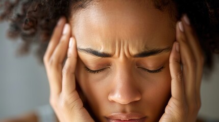 Fototapeta premium Experiencing Intense Headache - Close-up of Person Holding Head in Discomfort with Closed Eyes
