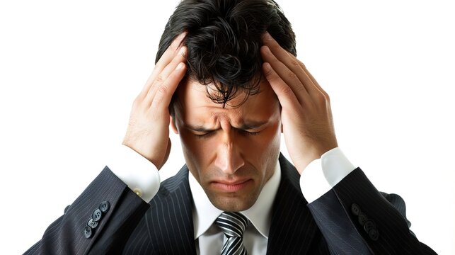 Stressed businessman in suit suffers from sudden headache isolated on white background