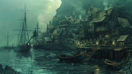 Obraz premium A misty harbor scene during twilight or dawn features an array of old-fashioned, wooden houses with shingle roofs, constructed on stilts by the water's edge. The buildings exhibit medieval or fantasy 