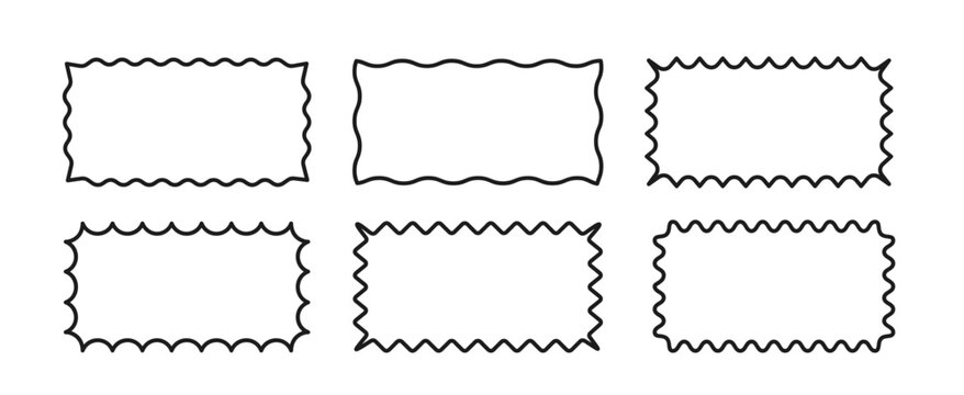 SeA collection of rectangular linear frames with wavy edges. Square shapes with zigzag borders. Set of black elements for design, decoration, banner, poster, label, tag, flyer. Vector illustration.