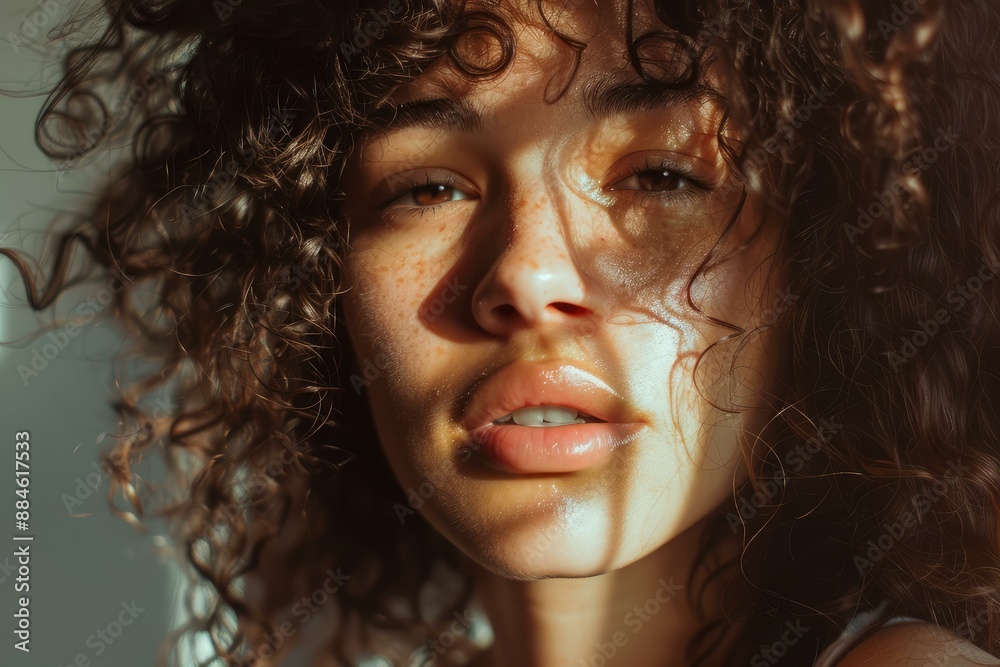 Canvas Prints Closeup of a woman with curly hair and freckles highlighted by natural sunlight