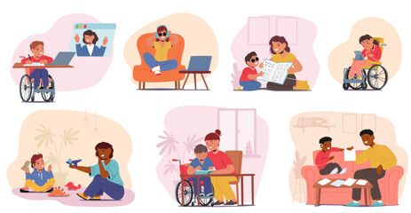 Special Needs Students Engaging In Various Educational And Recreational Activities. Vector Illustration Depicts Learning