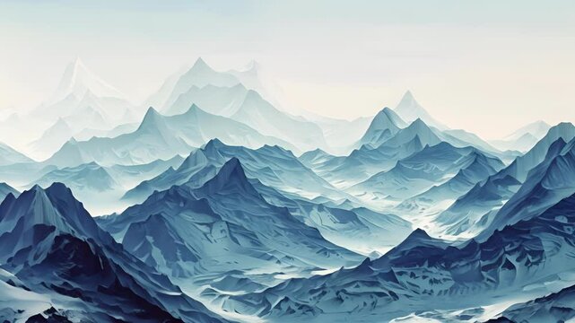 A surreal landscape of crystalline mountains and valleys rendered in bold geometric shapes.