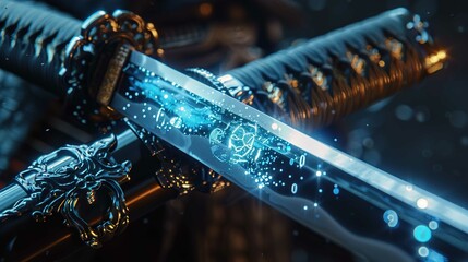 A close-up view of a highly detailed katana sword blade and hilt. The blade features intricate glowing blue patterns and digital binary codes, giving it a futuristic appearance. The hilt and guard are