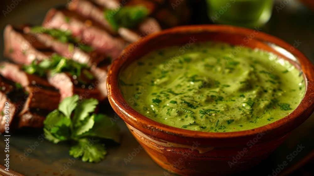 Poster Close-up of delicious green chimichurri sauce in a bowl next to perfectly grilled steak slices. Vibrant colors and appetizing presentation. Perfect for food blogs and culinary websites. AI