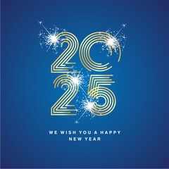 Happy New Year 2025 modern new trendy golden pop line design typography abstract numbers white sparke firework logo icon blue background vector.ai