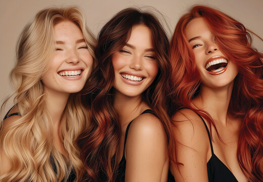 Three smiling models with red, burnette and blonde hair 