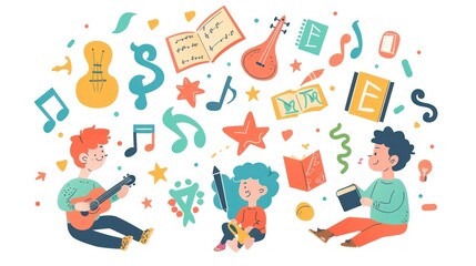 Colorful Illustration of Children Learning Music and Reading
