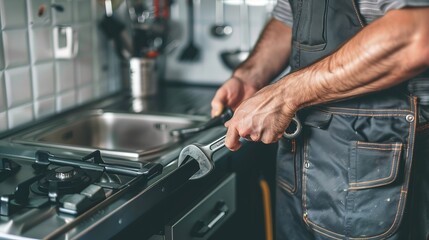 An individual in gray overalls repairs a kitchen stove using a wrench, exemplifying attention to detail and technical proficiency in household maintenance tasks.