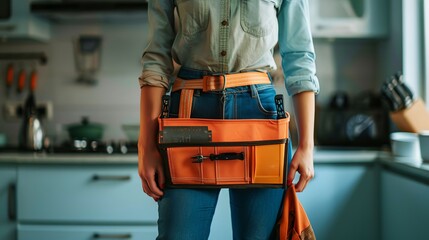 A person stands in a blue kitchen with an orange tool belt around the waist, holding various tools, representing readiness for home improvement tasks or maintenance work.
