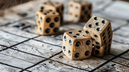 Weathered game paper scattered with wooden dice, representing the aged yet enduring appeal of traditional board games in a nostalgic and aesthetically pleasing presentation.