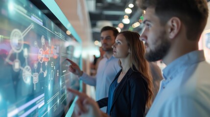 Focused Team Collaborating on Interactive Digital Display in Modern Office