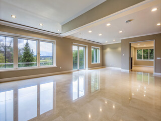Obraz premium Empty modern unfurnished living room with light beige walls, grey floor, and large windows, providing ample natural light and copious copy space for text overlay.