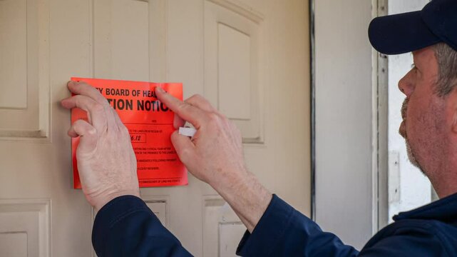 Man knocks on the front door of a residence and delivers eviction notice