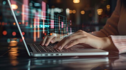 Modern Businesswoman Analyzing Expansion Graphs on Virtual Screen using Laptop in Office