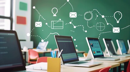 Modernizing Learning: Digital Transformation in Education with E-Learning Icons and Devices in Classroom Setting