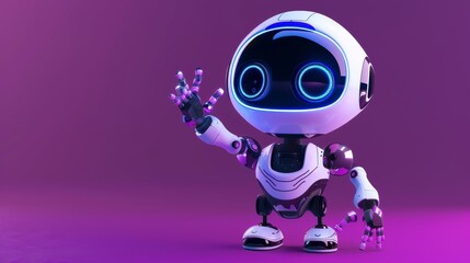 3D robot in purple background with hand up, expressing hello or support. Friendly chatbot renders for technology and robotic toy concepts.