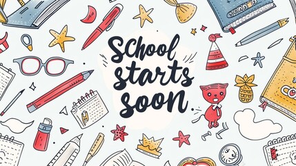 An array of school supplies including pencils, pens, books, and art tools surrounds the text 'School starts soon,' heralding the beginning of a new academic year with excitement.
