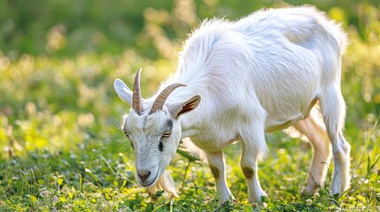 Obraz premium White farm goat grazing