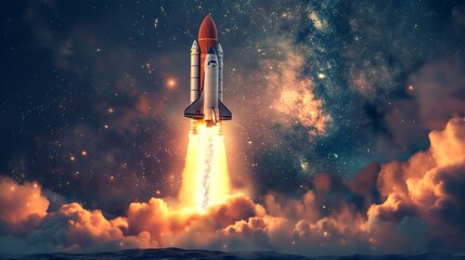 A rocket ship blasts off into space, symbolizing the launch of a new business or the pursuit of ambitious goals.