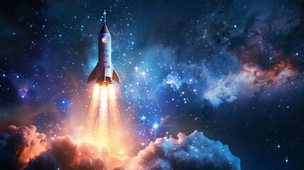 A rocket ship blasts off into space, symbolizing the launch of a new business or the pursuit of ambitious goals.