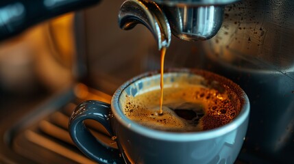 Fresh espresso is being poured into a grey ceramic cup from a coffee machine, capturing the rich crema on top and the vibrant color of the coffee. Perfect for coffee enthusiasts.