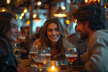 Fototapeta premium Friends enjoying drinks at a cozy bar. Warm lighting and laughter create a lively atmosphere.