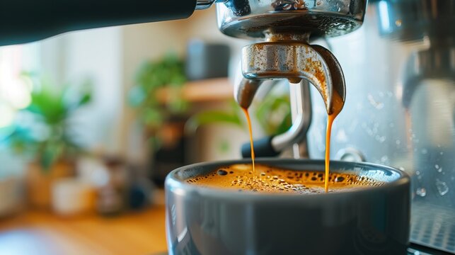 An espresso machine delivers a rich shot of espresso into a grey ceramic cup, highlighting the coffee's thick crema and deep, inviting colors. Ideal for coffee lovers.