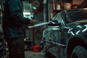 A mechanic writes on a clipboard next to a shiny car in a dimly lit garage. Looks like routine maintenance work.