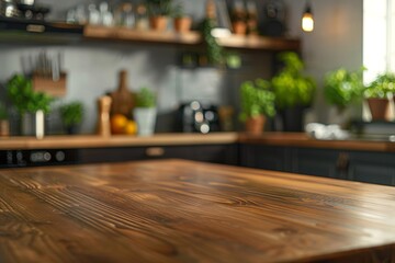 Obraz premium Cozy kitchen with wooden countertop. Blurred background shows plants, shelves, and appliances. Warm, inviting atmosphere.