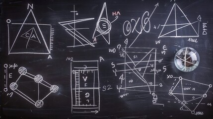 A close-up view of a blackboard filled with intricate mathematical diagrams, geometrical shapes, and equations, reflecting a scene typical in advanced educational settings.