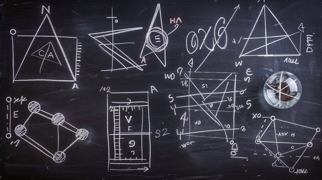 A close-up view of a blackboard filled with intricate mathematical diagrams, geometrical shapes, and equations, reflecting a scene typical in advanced educational settings.