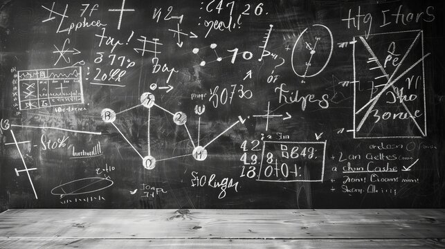An academic setting featuring a classroom chalkboard covered with various mathematical and scientific notations, symbols, and equations, focused on complex academic problem-solving.