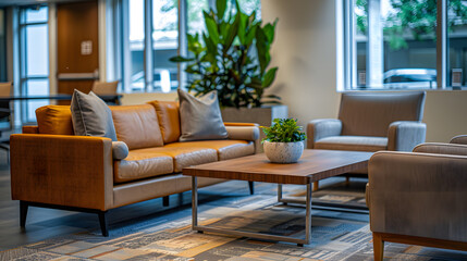 A living room with a couch, a coffee table, and a potted plant