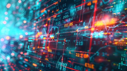 Fototapeta premium A digital abstract visualization of financial data, showcasing various graphs, numbers, and lights in a futuristic and dynamic aesthetic, highlighting technological advancement.