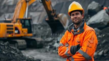 A construction worker wearing an orange safety jacket and hard hat stands with arms crossed, exuding confidence and readiness, at a rock excavation site.