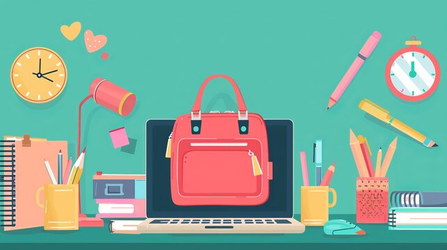 An aesthetically pleasing and organized desk setup showcasing a laptop, stationery, a backpack, and various office supplies, emphasizing creativity and workspace efficiency.