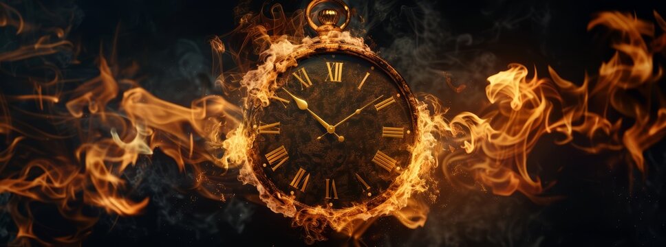 Clock on fire on black background. Value of time concept. Don't waste time. Live and enjoy your life.