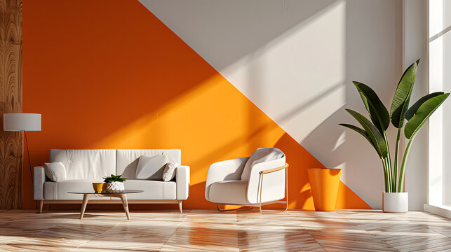A white couch sits in a room with an orange wall